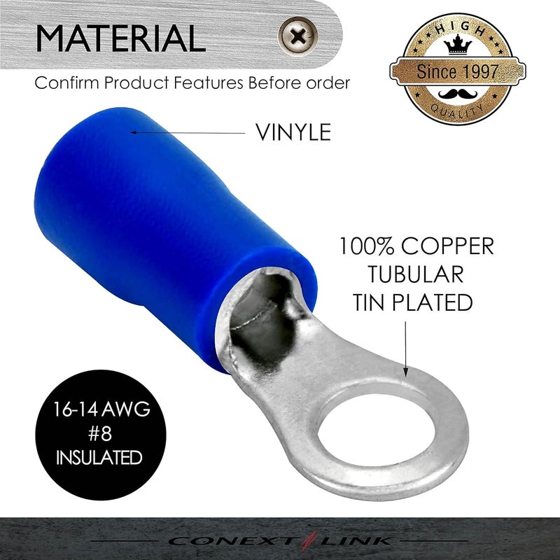 Conext Link RTV-8B25 Vinyl Ring Terminal 25 Pack (#8 Stud, Blue 16-14 Gauge) - Image 2