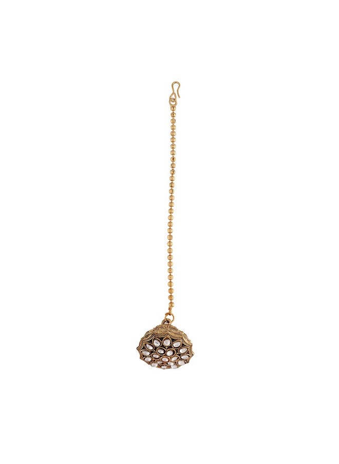 I Jewels I Jewels 18k Gold Plated Rajasthani/Rajputi Kundan Pearl Studded Borla Maang Tikka for Women (T2075W)  - Image 2