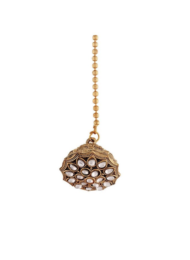 I Jewels I Jewels 18k Gold Plated Rajasthani/Rajputi Kundan Pearl Studded Borla Maang Tikka for Women (T2075W)  - Image 1