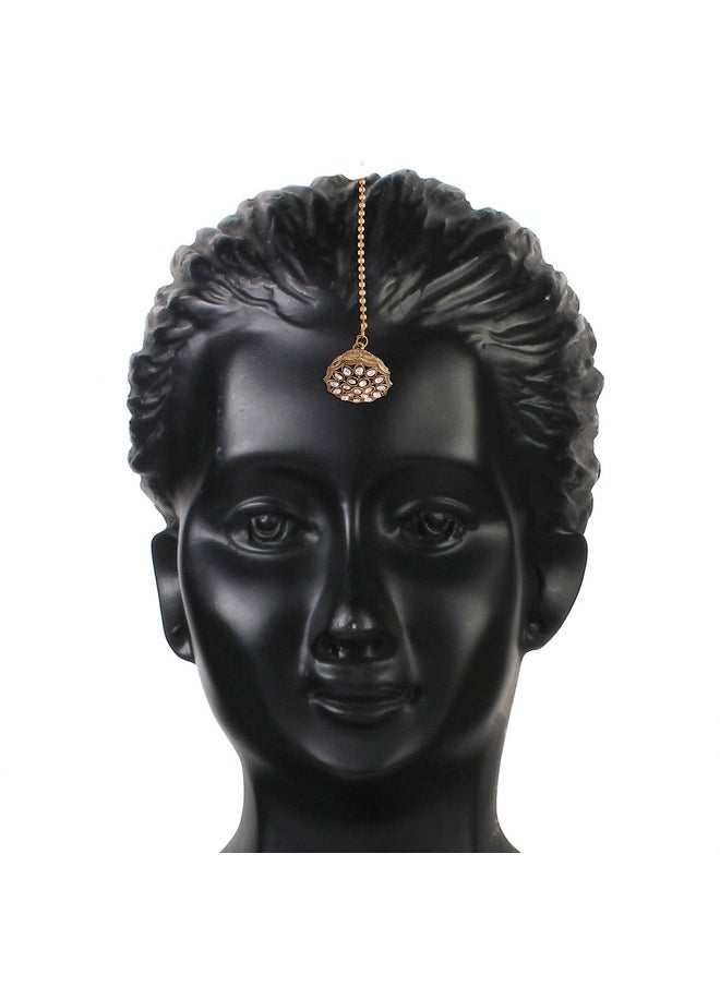 I Jewels I Jewels 18k Gold Plated Rajasthani/Rajputi Kundan Pearl Studded Borla Maang Tikka for Women (T2075W)  - Image 3