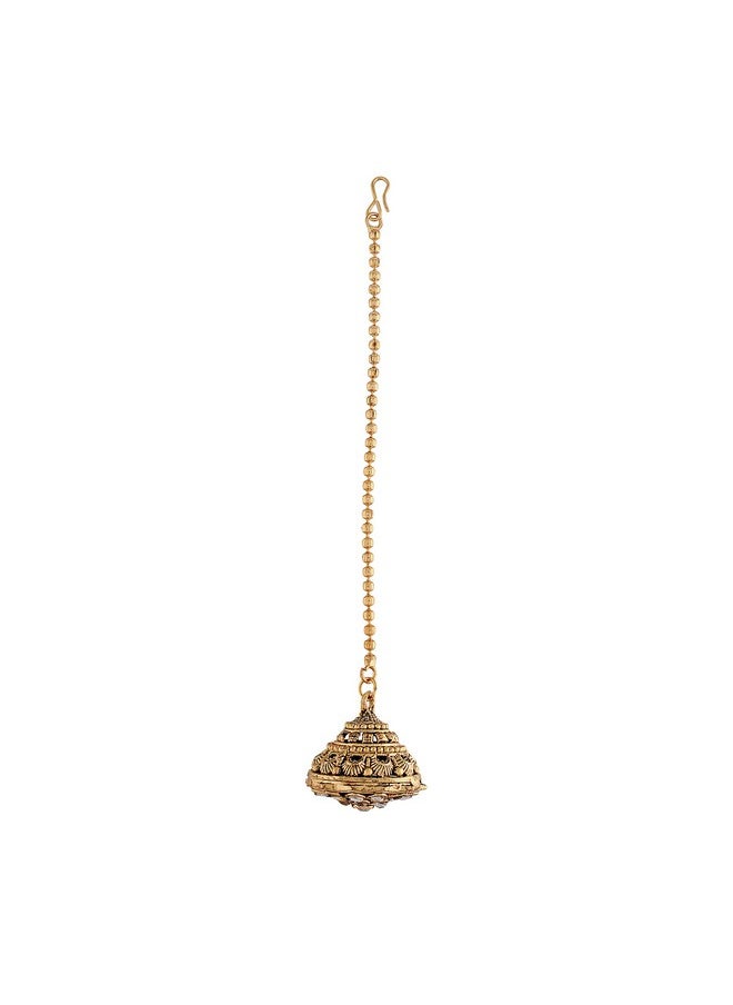 I Jewels I Jewels 18k Gold Plated Rajasthani/Rajputi Kundan Pearl Studded Borla Maang Tikka for Women (T2075W)  - Image 4