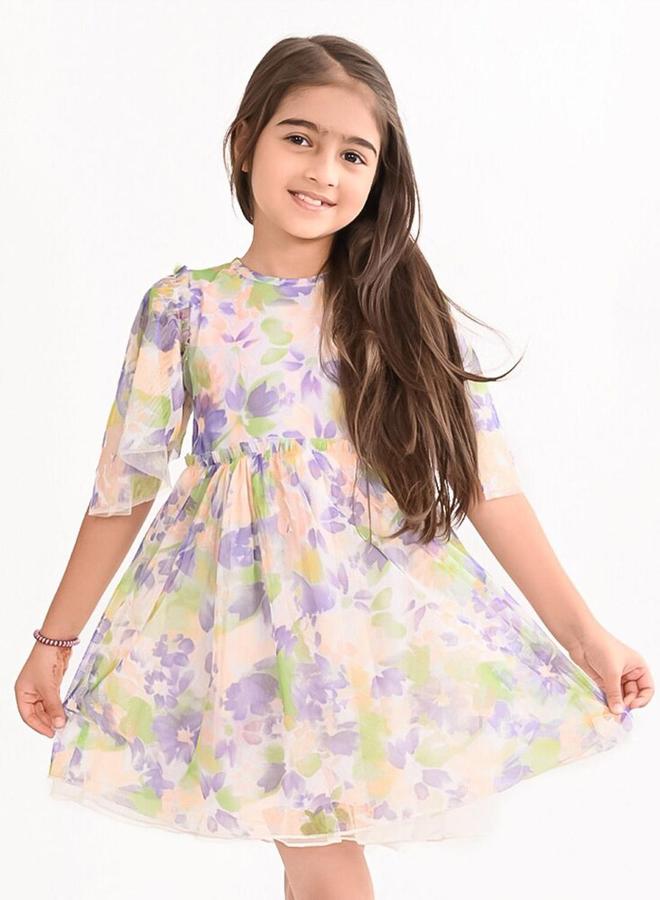 Bonkids Girl's Multicolour 100% Cotton Printed Regular Fit Dress - Image 1