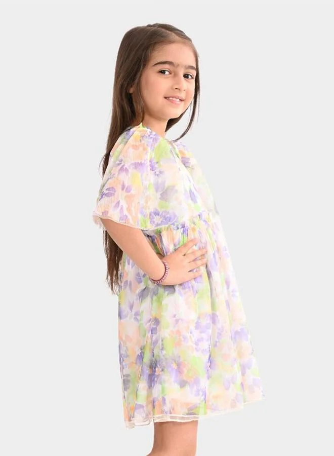 Bonkids Girl's Multicolour 100% Cotton Printed Regular Fit Dress