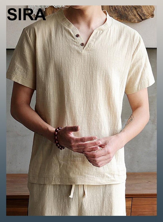 SIRA Men's Linen Blend 2-Piece Set - Breathable Short Sleeve Shirt & Comfort Pants | Lightweight Summer Outfit | Perfect for Home & Travel (Khaki) - Image 3