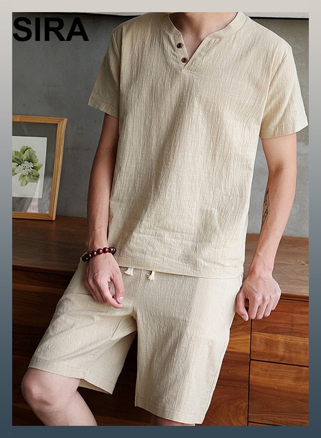 SIRA Men's Linen Blend 2-Piece Set - Breathable Short Sleeve Shirt & Comfort Pants | Lightweight Summer Outfit | Perfect for Home & Travel (Khaki) - Image 1