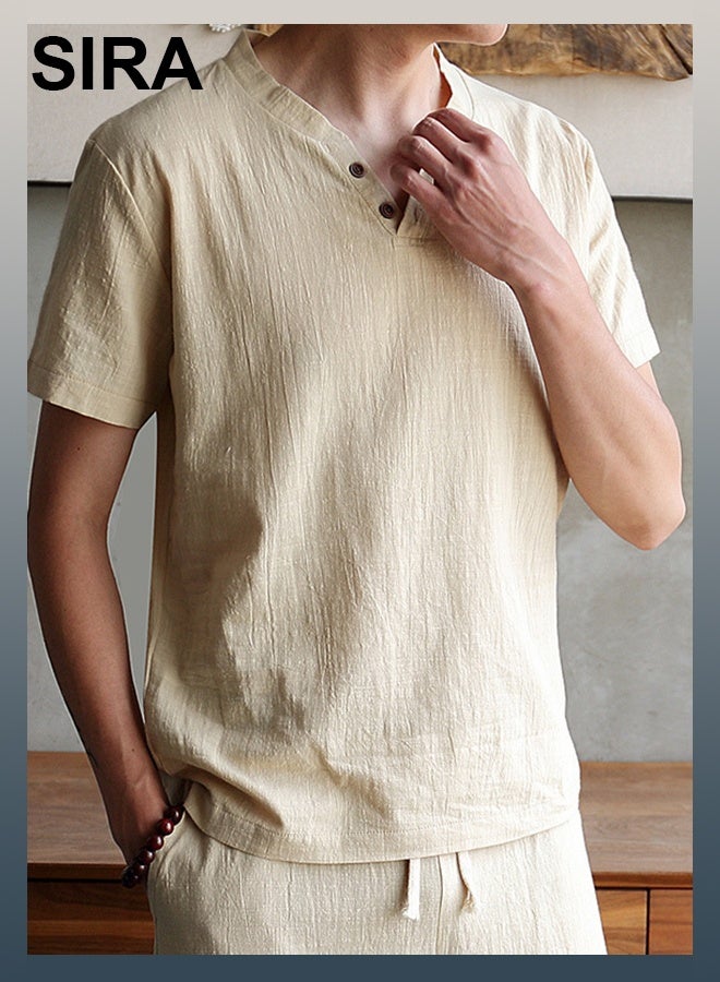 SIRA Men's Linen Blend 2-Piece Set - Breathable Short Sleeve Shirt & Comfort Pants | Lightweight Summer Outfit | Perfect for Home & Travel (Khaki) - Image 4