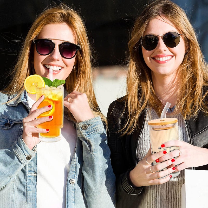 KELVEE كوب قهوة زجاجي مع شفاطة وغطاء من الخيزران عبوة من 1، كوب شرب مضلع أكواب سفر للماء، العصير، الحليب، زجاجة سموذي للبالغين (مضلع) - Image 2