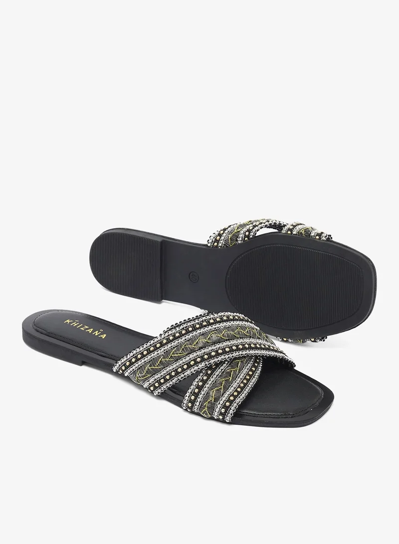 Khizana Black Rhinestone Embellished Flat Sandals for Women | Best Price UAE
