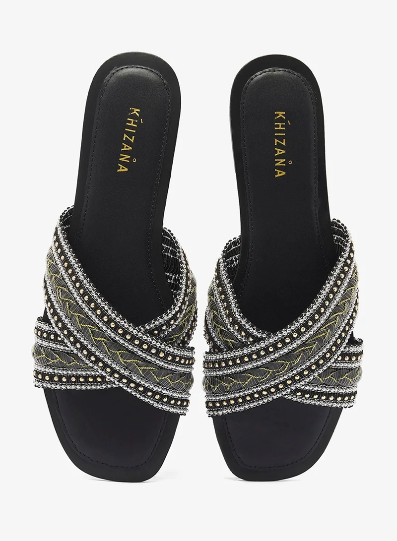 Khizana Black Rhinestone Embellished Flat Sandals for Women | Best Price UAE