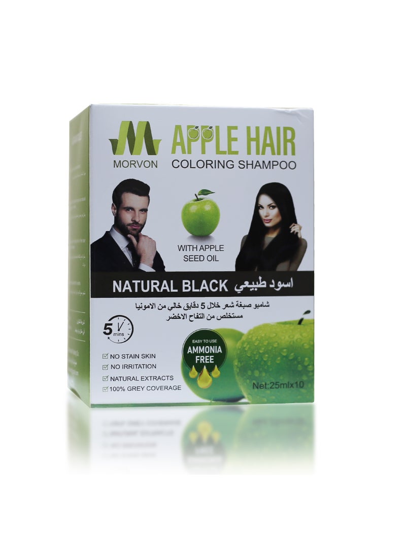 MORVON Natural Black Hair Dye Shampoo, Ammonia-Free, Green Apple Extract, 25ml Sachets - Image 1