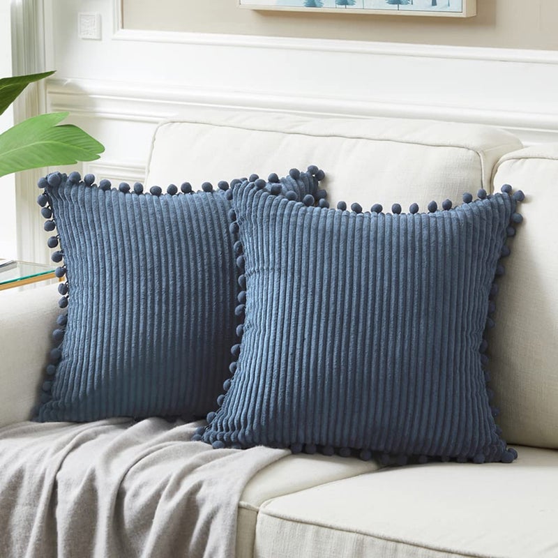 Fancy Homi 24x24 Pillow Covers Pack of 2 Dusty Blue Throw Pillow Covers with Pompoms Super Soft Corduroy Square Solid Cushion Cover for Couch Sofa Bedroom Living Room 60x60 cm