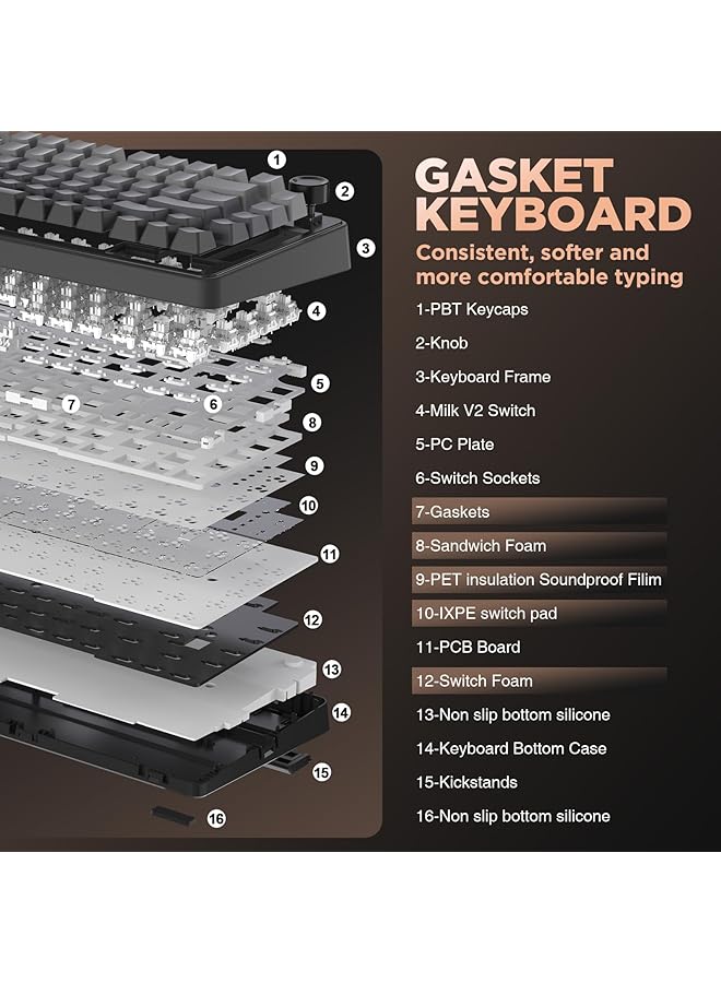 YUNZII B75 Mechanical Wired Keyboard 75% Hot Swap With Knob Rgb Backlit Gasket Gaming Keyboard With Double Shot Pbt Keycaps Cherry Profile Win/Mac (Gradient Black Milk V2 Linear Switch)  - Image 3