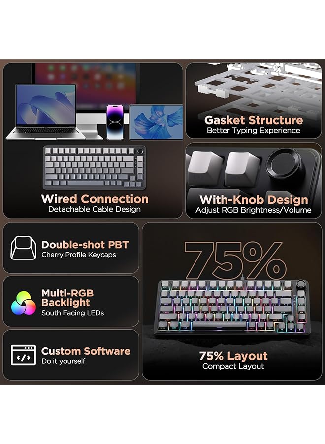 YUNZII B75 Mechanical Wired Keyboard 75% Hot Swap With Knob Rgb Backlit Gasket Gaming Keyboard With Double Shot Pbt Keycaps Cherry Profile Win/Mac (Gradient Black Milk V2 Linear Switch)  - Image 2