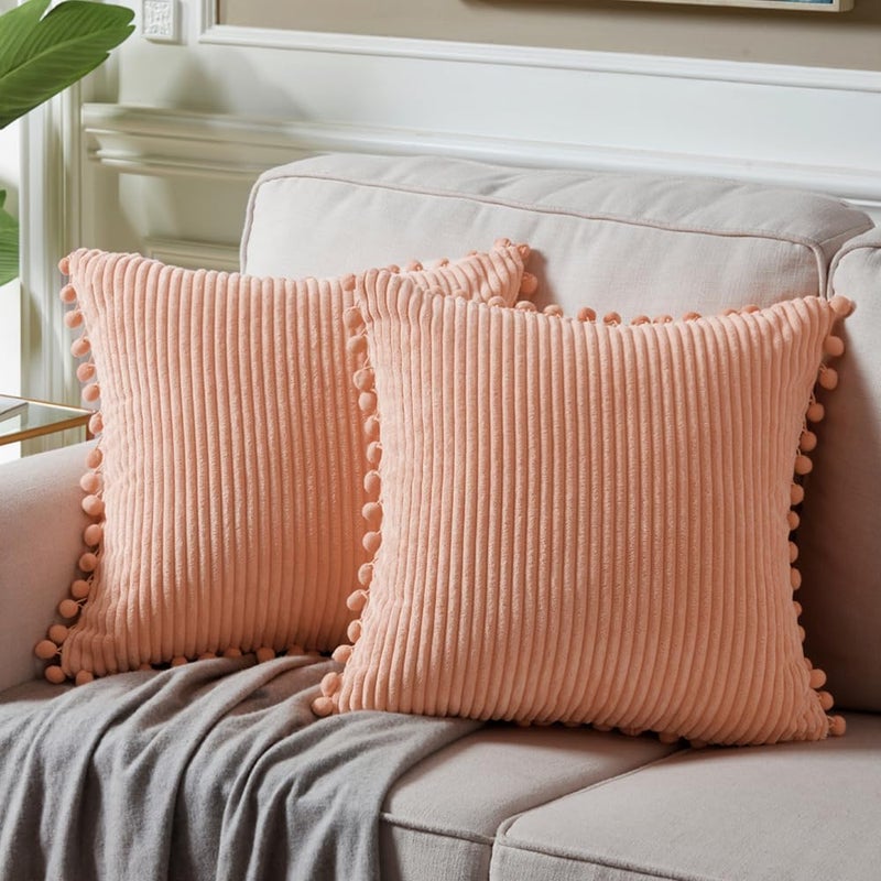 Fancy Homi Pack of 2 Peach Decorative Throw Pillow Covers 18x18 Inch with Pom-poms for Couch Bed Living Room Bedroom, Farmhouse Boho Home Decor, Soft Coral Corduroy Solid Square Cushion Case 45x45 cm - Image 1