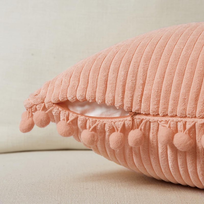 Fancy Homi Pack of 2 Peach Decorative Throw Pillow Covers 18x18 Inch with Pom-poms for Couch Bed Living Room Bedroom, Farmhouse Boho Home Decor, Soft Coral Corduroy Solid Square Cushion Case 45x45 cm - Image 4