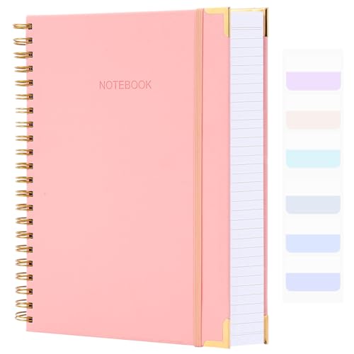 Amanple Spiral Notebook, Hardcover Leather Journal for Women Men, 300 Page Thick Notebooks College Ruled for Work, School, Note Taking, Writing Journals, Large A5 Notebook with Tabs Sticky, 5.7" x 8.5", Pink - Image 1