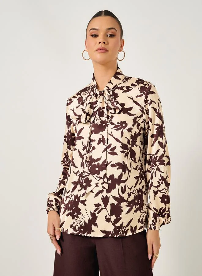Styli Floral Print Balloon Sleeve Blouse with Neck Tie Detail