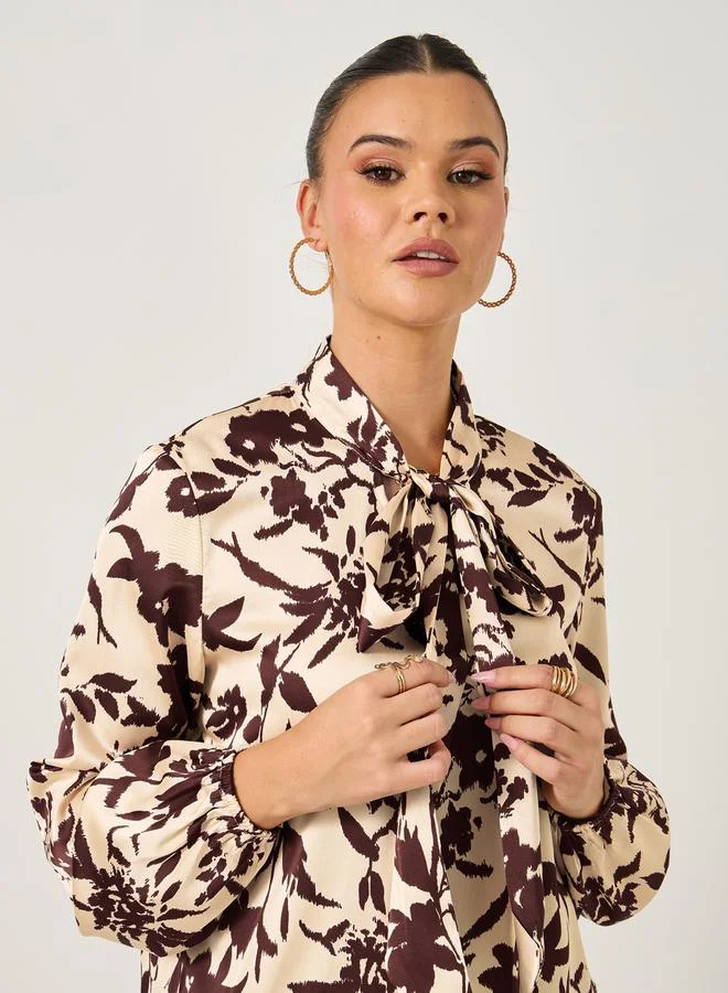 Styli Floral Print Balloon Sleeve Blouse with Neck Tie Detail