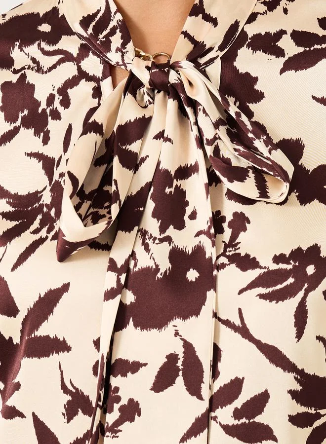 Styli Floral Print Balloon Sleeve Blouse with Neck Tie Detail