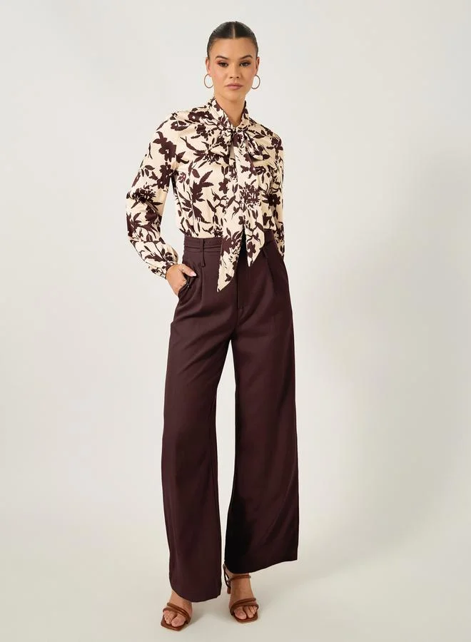 Styli Floral Print Balloon Sleeve Blouse with Neck Tie Detail