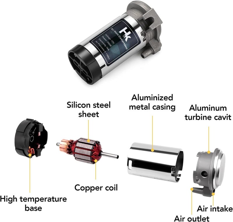 H & K Replacement Air Compressor, 12V 150db Air Pump for Horn, Super Loud Car Horn Compressor Kit Chromed Zinc Single Trumpet for Any Vehicle Trucks Lorrys Cars Vans Trains Boats - Silver - Image 4