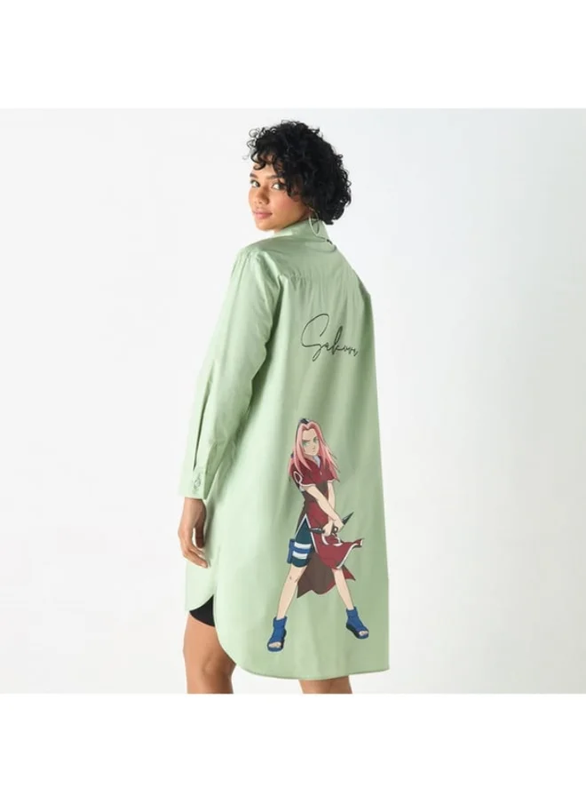 SP Characters Sakura Haruno Print High Low Shirt Dress with Long Sleeves