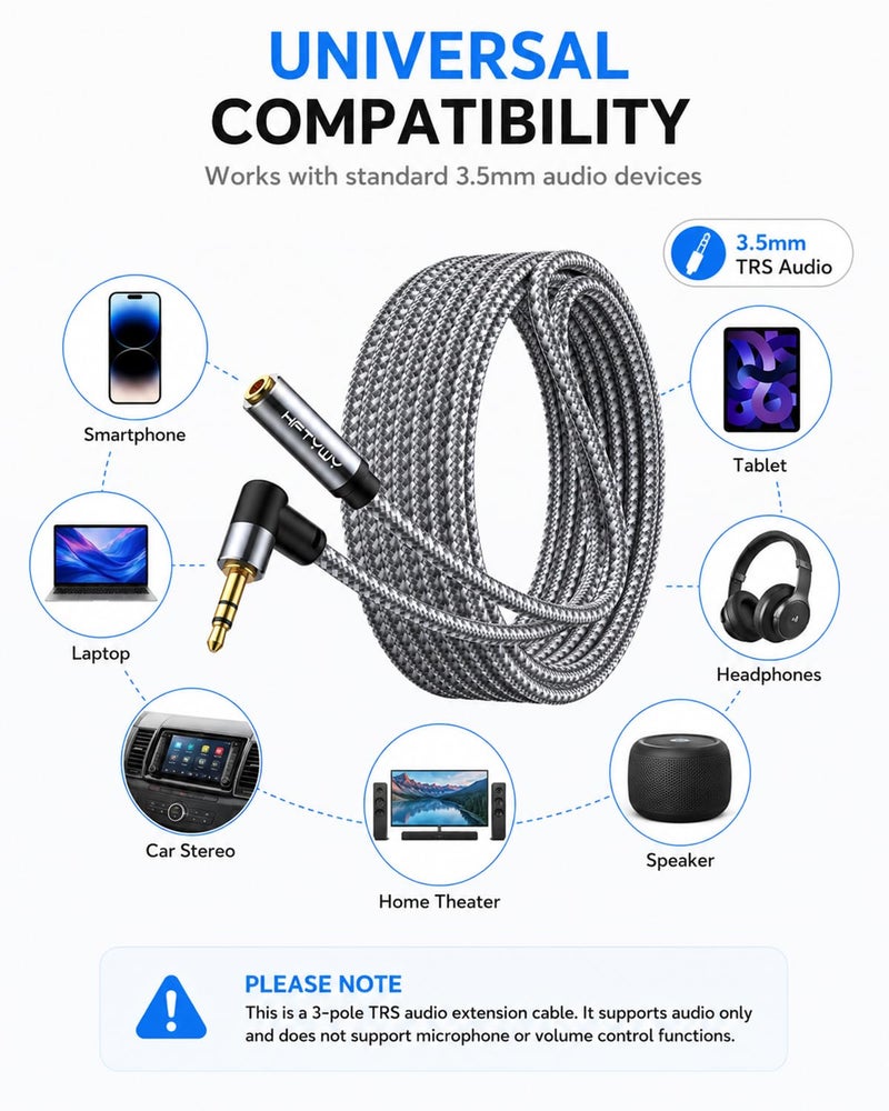 Hftywy Headphone Extension Cable 20ft 3.5mm Male to Female Stereo Audio Extension Cable - Double Shielded Braided Long 1/8 TRS aux Cord Extender for Smartphones, Tablets, Media Players - Image 2