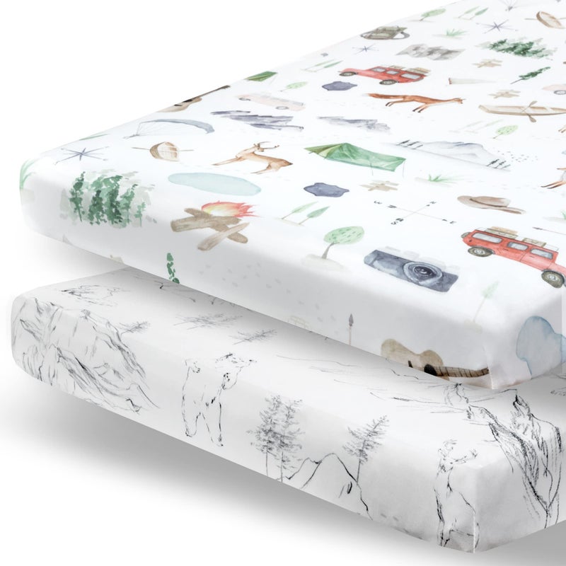 Pobibaby  2 Pack Premium Pack N Play Sheets Fitted for Standard Pack and Plays and Mini Cribs  UltraSoft Cotton Blend Stylish Woodland Pattern Safe and Snug for Baby Explore