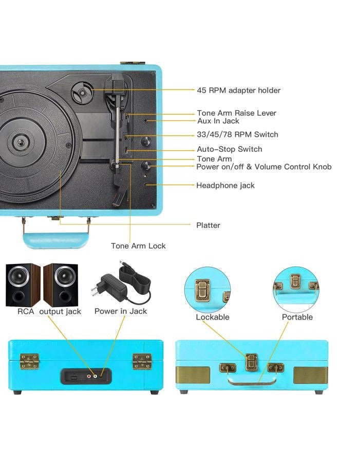 Retrolife Record Player 3 Speed Bluetooth Portable Suitcase Vinyl Player with Built-in Speakers Turntable Enhanced Audio Sound PU Leather Vintage Turntable - Image 4