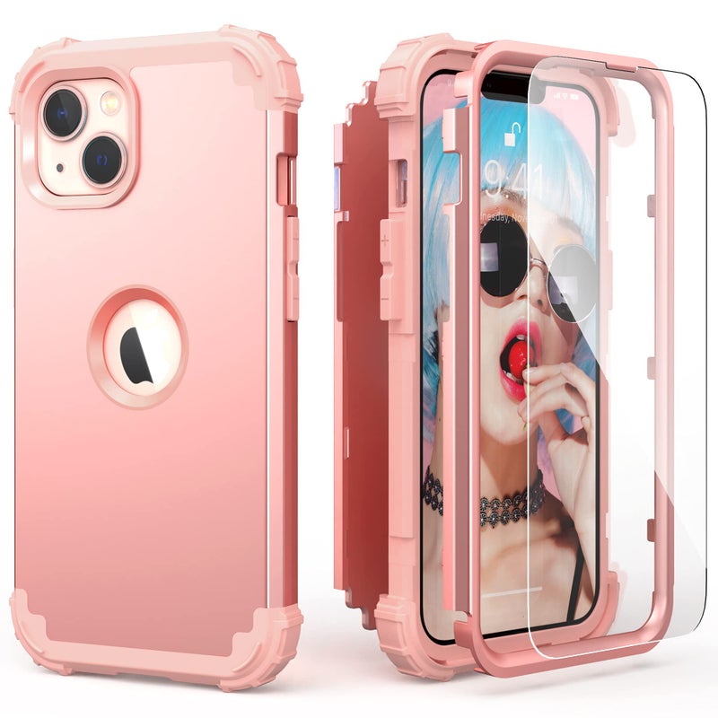 IDweel for iPhone 14 Plus Case with Screen Protector for Women Girls, 3 in 1 Shockproof Slim Fit Hybrid Heavy Duty Hard PC Cover Soft Silicone Bumper Full Body Anti-Fingerprint Case,Rose Gold - Image 1