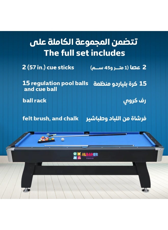 8 ft, 8 Feet Size, Pool Table with Wood Finish - Modern Billiards Table with 2 Cue Sticks, Balls, Rack, Felt Brush and Chalk, Billiard Table (Blue)