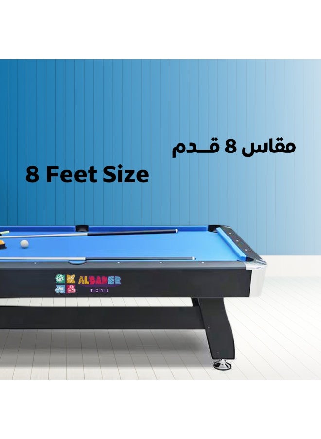8 ft, 8 Feet Size, Pool Table with Wood Finish - Modern Billiards Table with 2 Cue Sticks, Balls, Rack, Felt Brush and Chalk, Billiard Table (Blue)