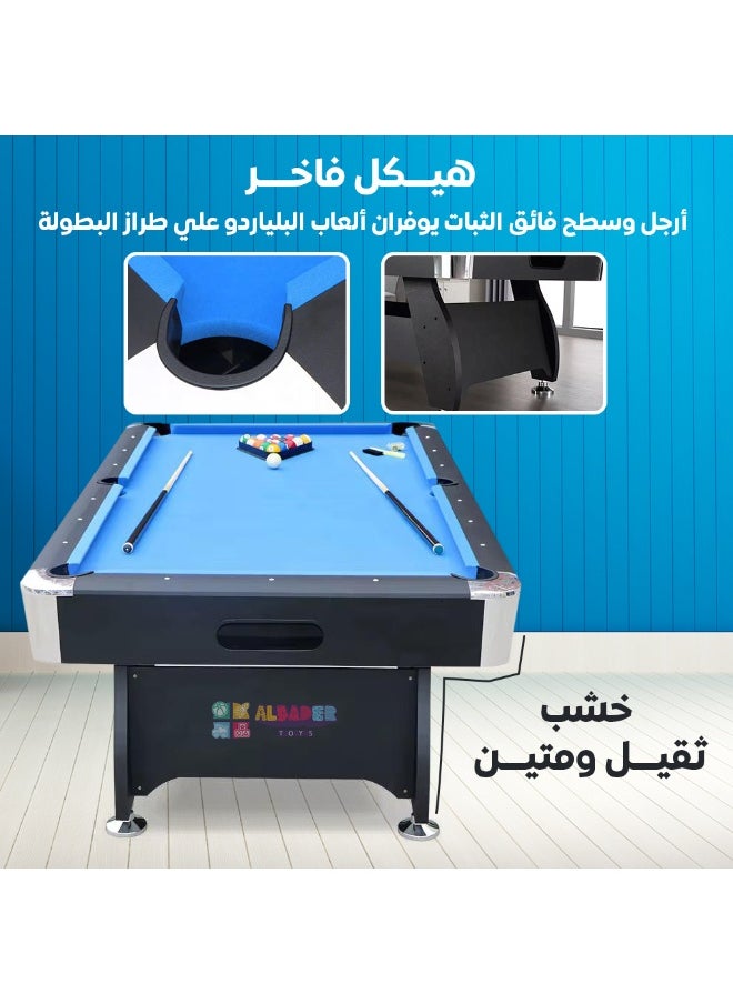 8 ft, 8 Feet Size, Pool Table with Wood Finish - Modern Billiards Table with 2 Cue Sticks, Balls, Rack, Felt Brush and Chalk, Billiard Table (Blue)