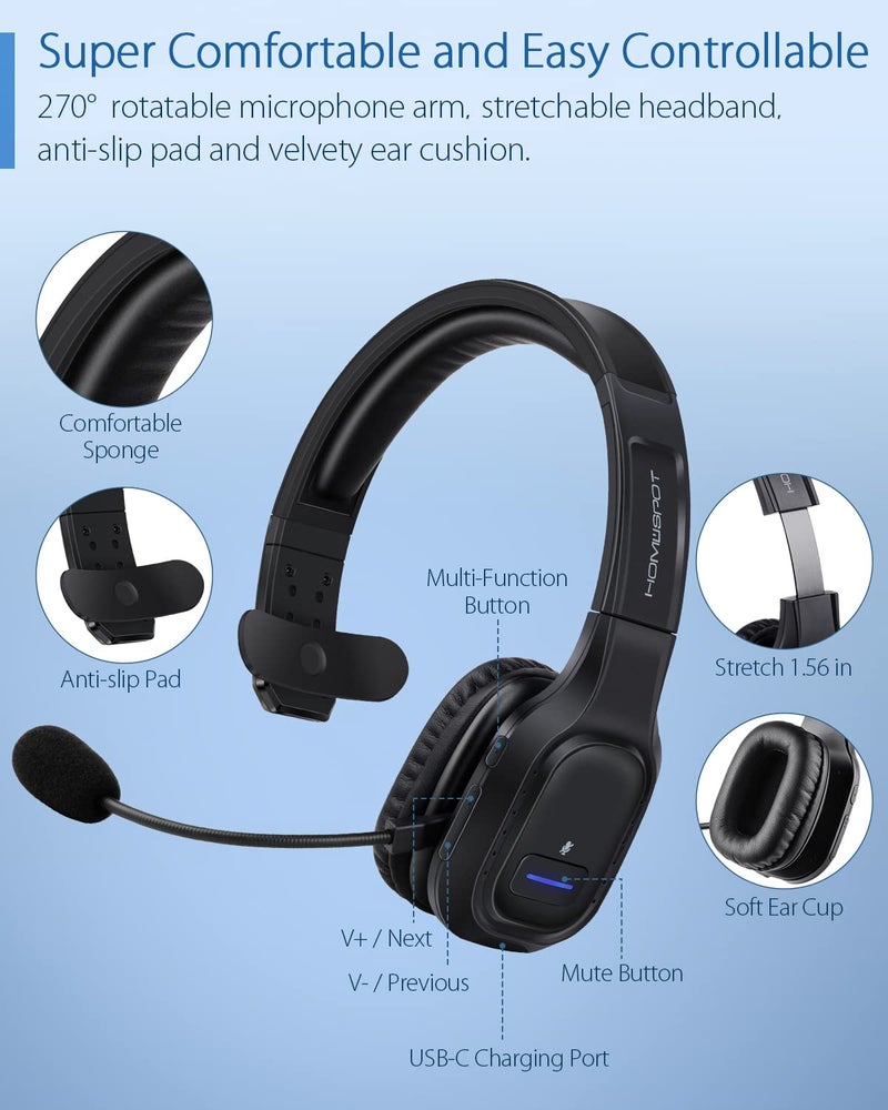 HomeSpot JM100 Trucker Bluetooth Headset with AI Noise Canceling, Wireless Headset with Rotatable Microphone and Big Mute Button, 34 Hrs Talk Time for Trucking, Home Office, Call Center - Image 5