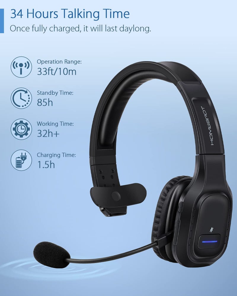 HomeSpot JM100 Trucker Bluetooth Headset with AI Noise Canceling, Wireless Headset with Rotatable Microphone and Big Mute Button, 34 Hrs Talk Time for Trucking, Home Office, Call Center - Image 4