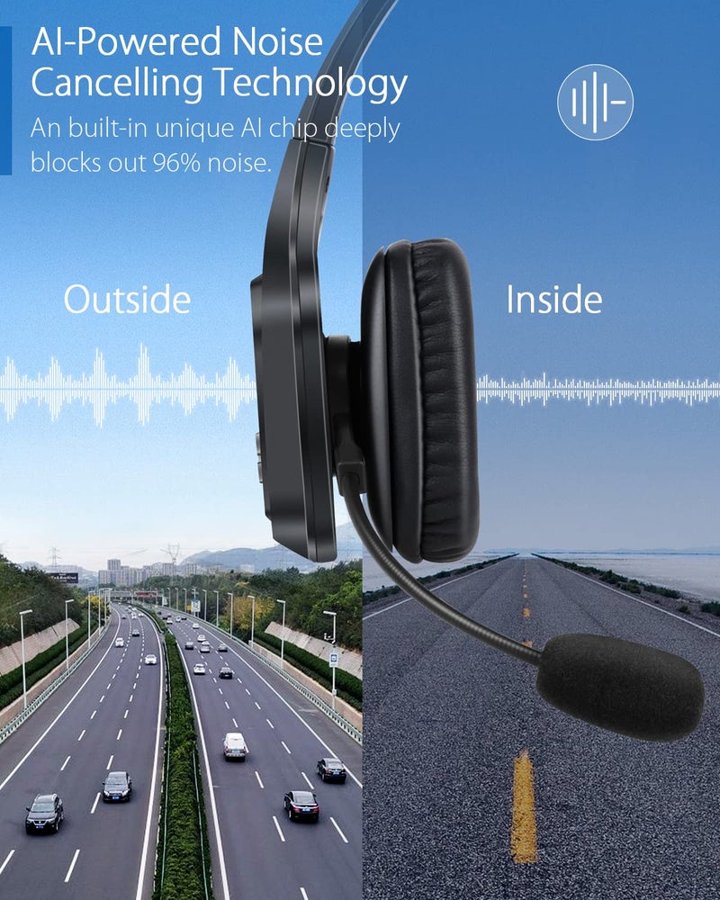 HomeSpot JM100 Trucker Bluetooth Headset with AI Noise Canceling, Wireless Headset with Rotatable Microphone and Big Mute Button, 34 Hrs Talk Time for Trucking, Home Office, Call Center - Image 2