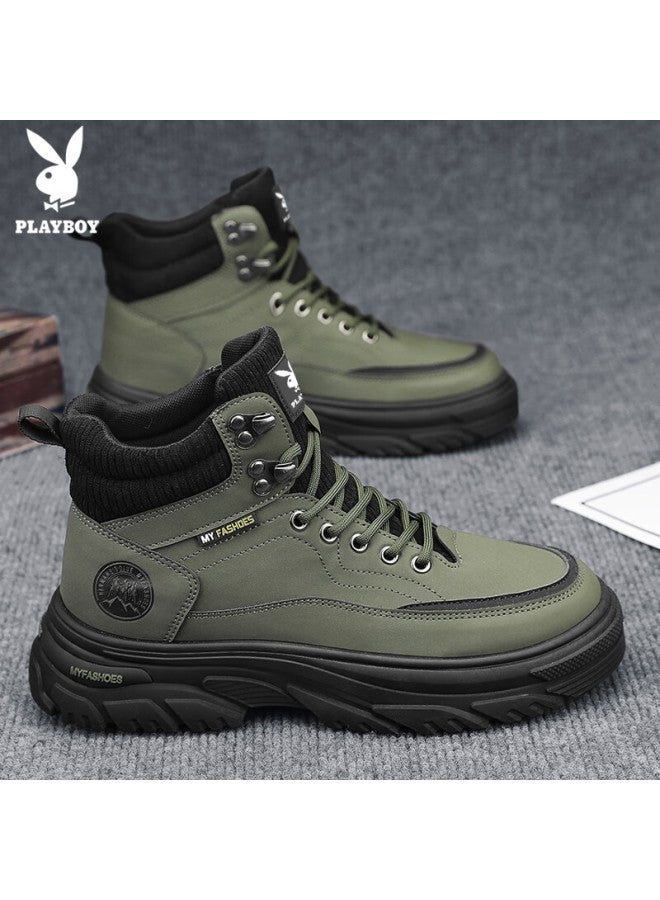 Playboy Men's Shoes Autumn Winter Work Boots High-top Casual Sports Shoes Fashion Military Green Size 43 - Image 2