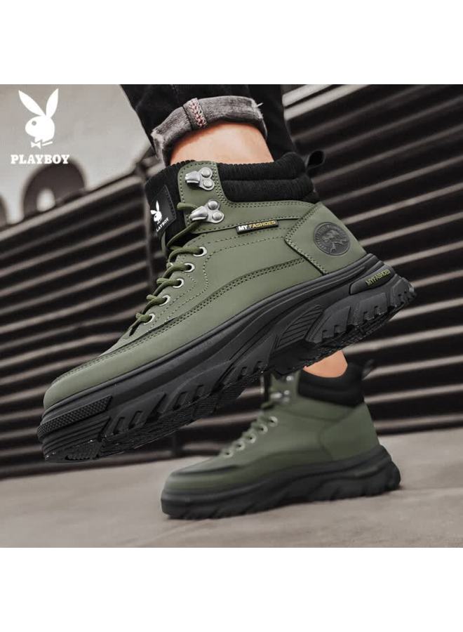 Playboy Men's Shoes Autumn Winter Work Boots High-top Casual Sports Shoes Fashion Military Green Size 43 - Image 5