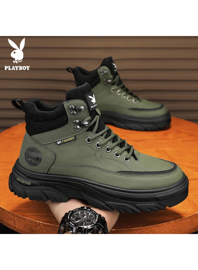 Playboy Men's Shoes Autumn Winter Work Boots High-top Casual Sports Shoes Fashion Military Green Size 43 - Image 1