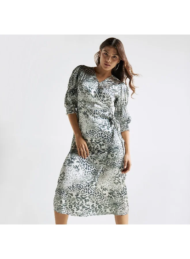 Splash FAV All-Over Animal Print Wrap Dress with V-neck and Shirred Detail
