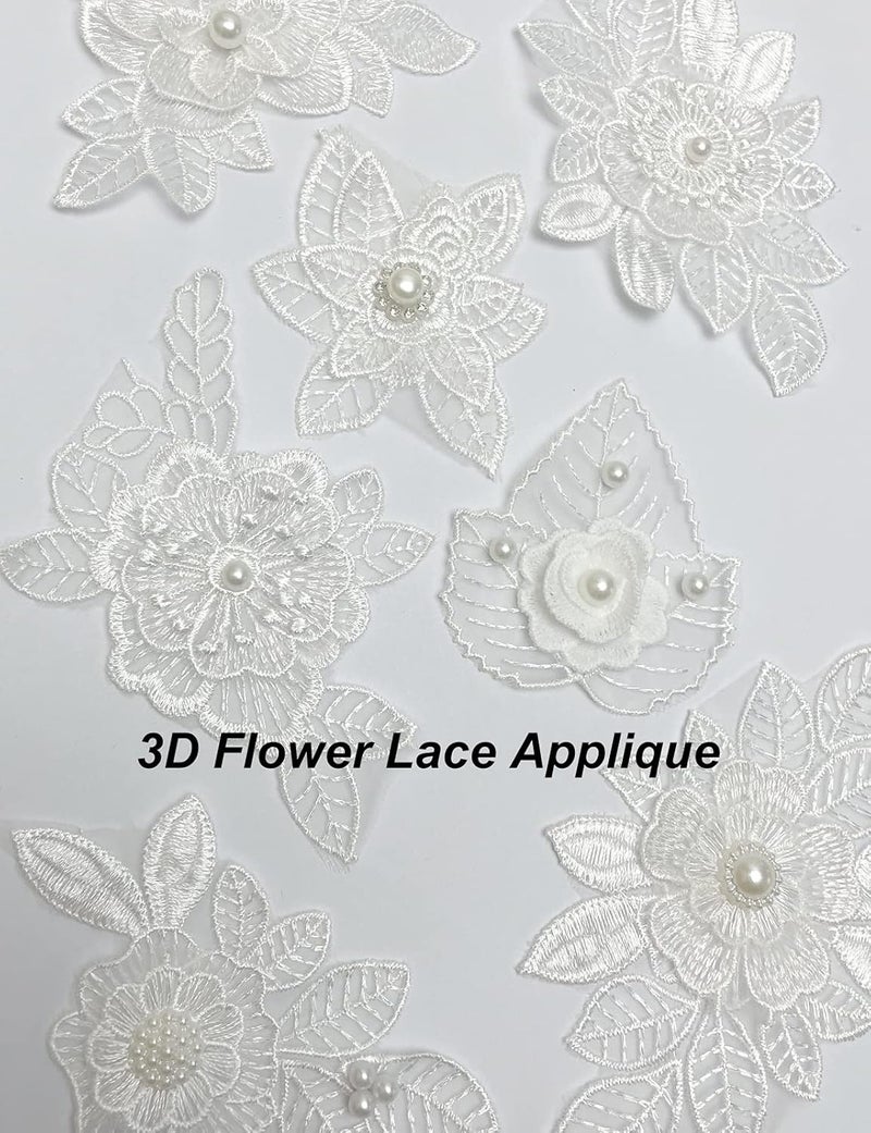 Luwigs 7 Pieces 3D Flower Lace Embroidery Appliques Pearl Patch DIY Wedding Dress Sewing Craft Clothing Jeans Jackets Bags (7pcs, White) - Image 2