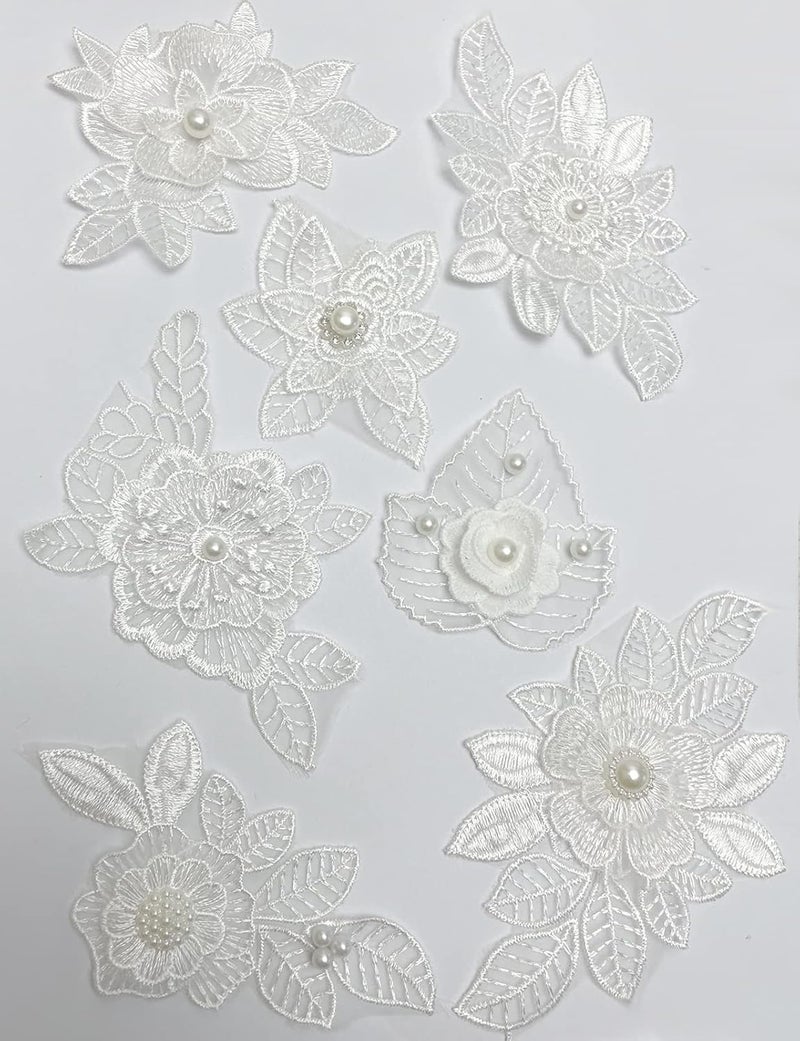 Luwigs 7 Pieces 3D Flower Lace Embroidery Appliques Pearl Patch DIY Wedding Dress Sewing Craft Clothing Jeans Jackets Bags (7pcs, White) - Image 1