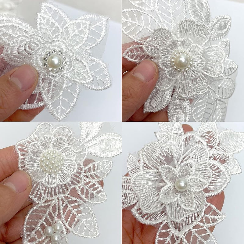 Luwigs 7 Pieces 3D Flower Lace Embroidery Appliques Pearl Patch DIY Wedding Dress Sewing Craft Clothing Jeans Jackets Bags (7pcs, White) - Image 4