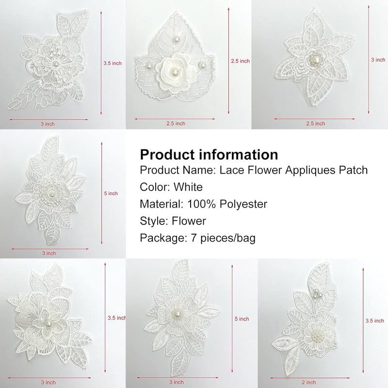 Luwigs 7 Pieces 3D Flower Lace Embroidery Appliques Pearl Patch DIY Wedding Dress Sewing Craft Clothing Jeans Jackets Bags (7pcs, White) - Image 3
