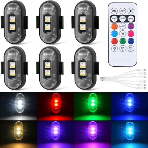 Aukmak 6PCS Wireless LED Strobe Lights with Remote Control 8 Colors Rechargeable Led Lights AntiCollision LED Emergency Warning Lights for Car Motorcycle Bike Drone Aircraft - Image 1