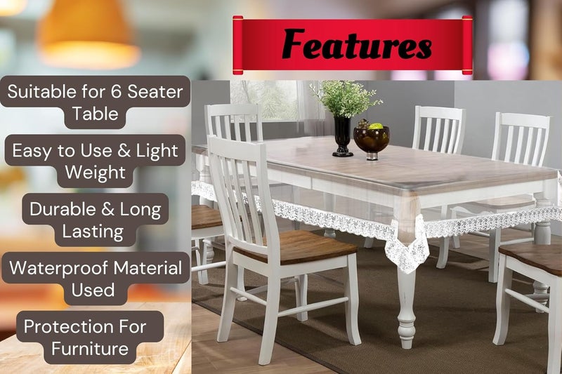 HOMECROWN غطاء طاولة طعام شفاف بلاستيكي 6 مقاعد مقاوم للماء بحجم 60x90 بوصة مع حافة دانتيل جميلة مستطيل - Image 2
