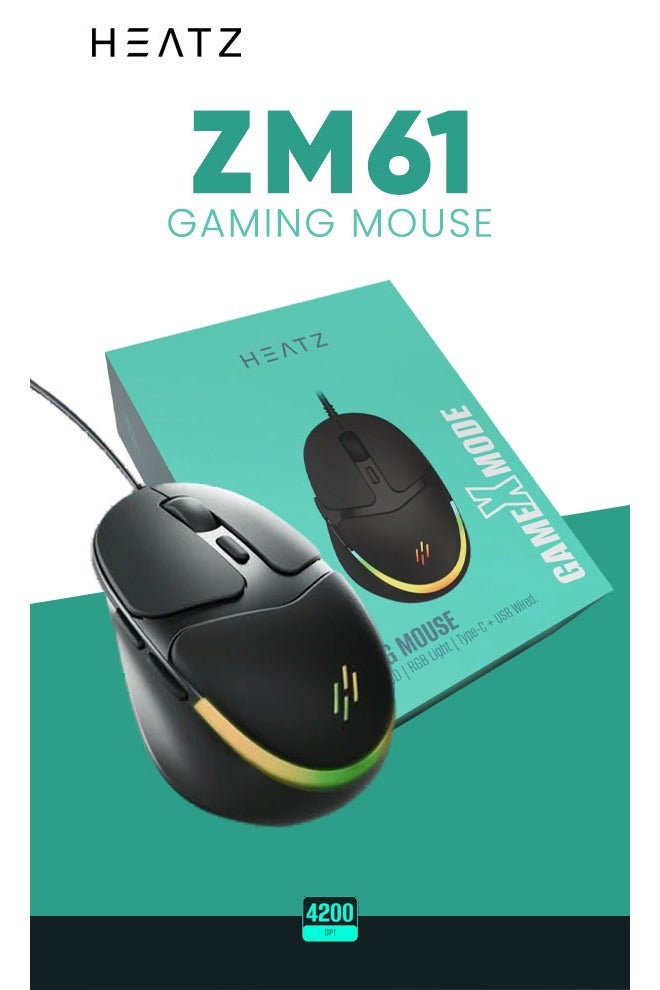HEATZ ZM61 Wired RGB Gaming Mouse with 4200 DPI 6 Programmable Buttons Ergonomic USB & Type C Connectivity Customizable RGB Lighting Non Slip Grip Fast Response Best Budget Gaming Mouse for PC Laptop Windows & macOS  Affordable Durable Perfect for FPS and Casual Gamers in Pakistan - Image 4