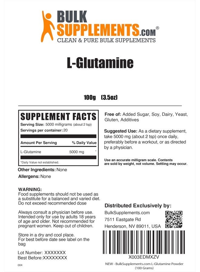 BULKSUPPLEMENTS.COM L-Glutamine Powder - Glutamine Supplement, L-Glutamine 5000mg, L Glutamine Powder - Unflavored & Gluten Free, 5000mg per Serving, 100g (3.5 oz) (Pack of 1)  - Image 2