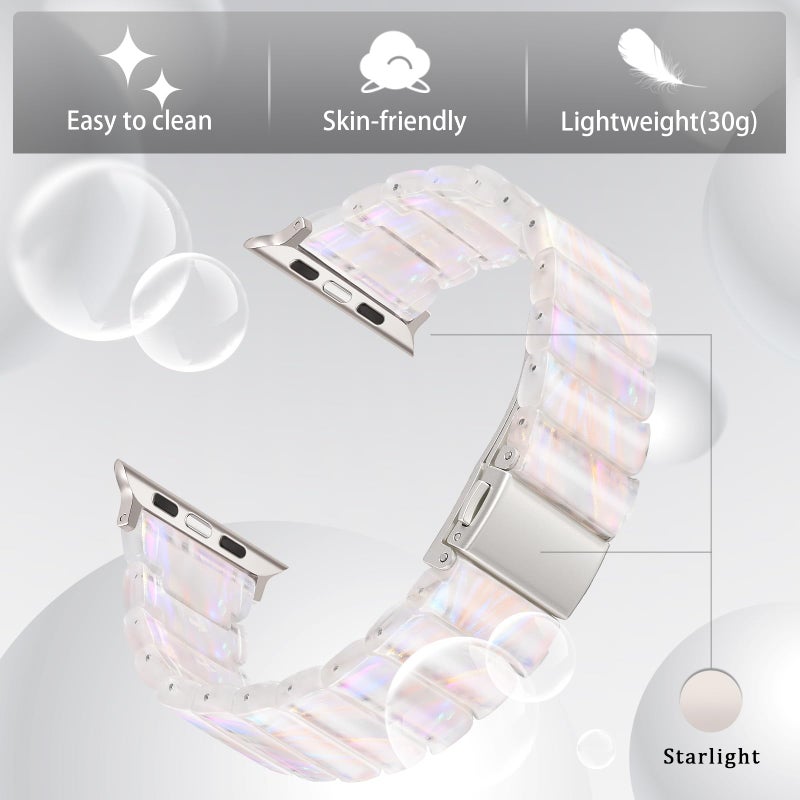 V-MORO Resin Band Compatible with Apple Watch Series 7/8/9/10 41mm/40mm/38mm/42mm Fashion Cute Strap for iWatch Series 6/5/4/3/2/1/SE/SE 2 Lightweight Bracelet Wristband Women(Classic Aurora -Starlight) - Image 2