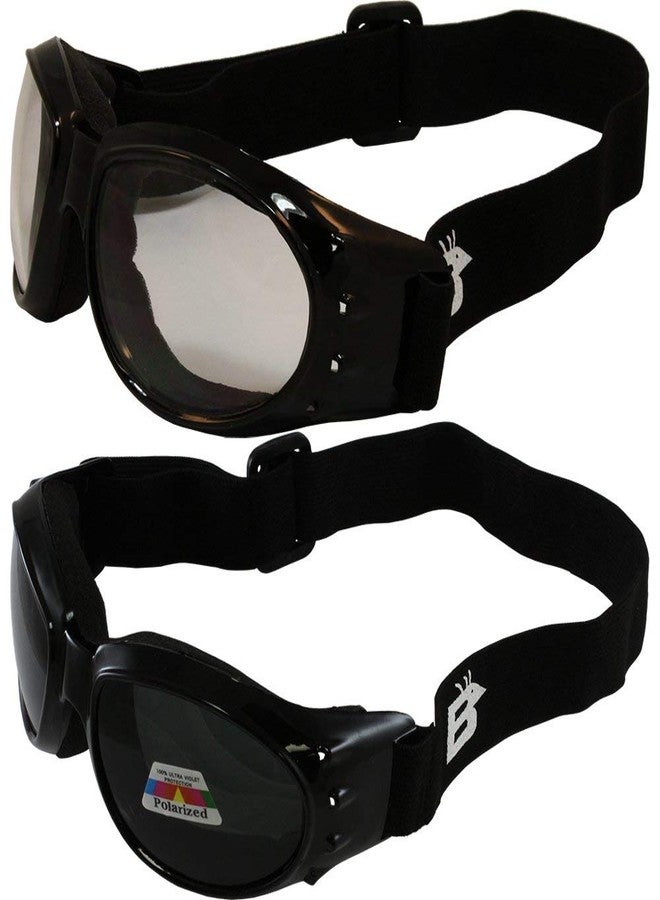 Birdz Eyewear Eagle Padded Motorcycle Safety Goggles 2 Pairs Black Frame w/Clear & Polarized Smoke Lenses, Day and Night Goggles - Image 1